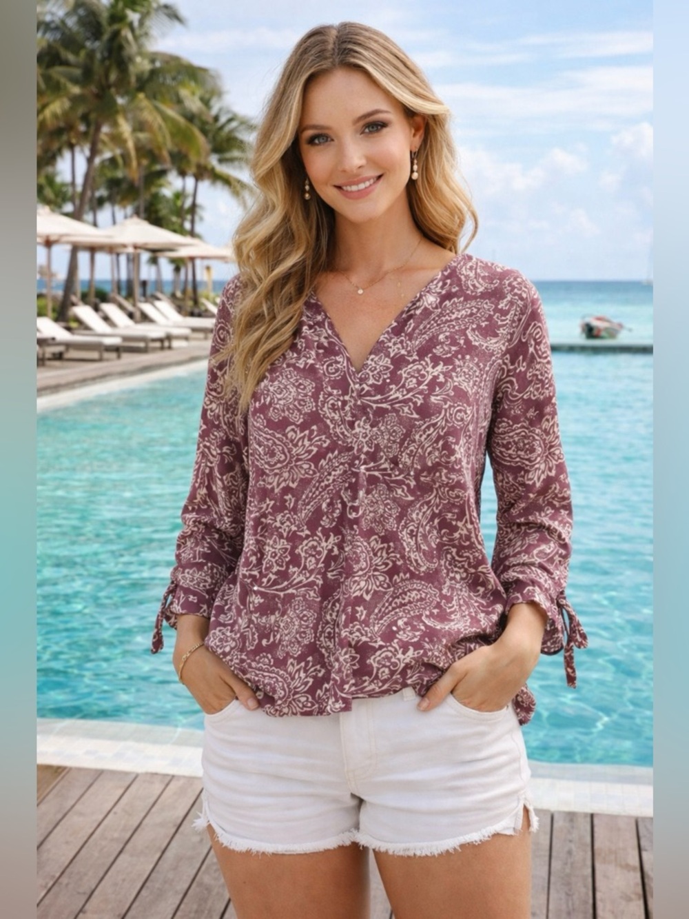Venezia Blouse Womens 14/16 Rose Paisley Long Sleeve Tie Cuff Rhinestone‎ Top